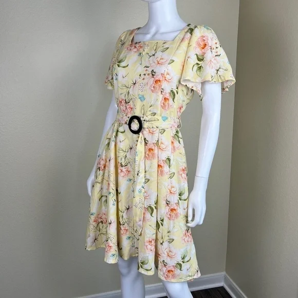 Code By Lifestyle Women’s Size 12 Yellow Floral Linen Cotton Fit & Flare Dress - Picture 6 of 16